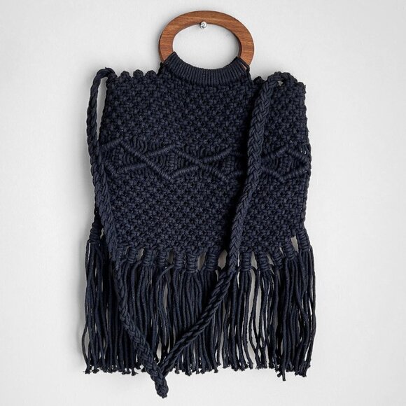 NWT Danielle Nicole Black Macramé Fringe Boho Crossbody Shoulder Bag Satchel - Picture 12 of 13